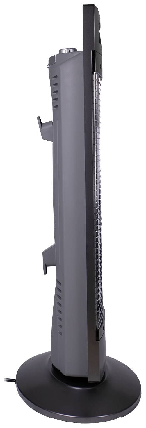 Elektrický věžový ventilátor s štíhlým vertikálním designem a černým tělem, umístěný na kulatém podstavci.