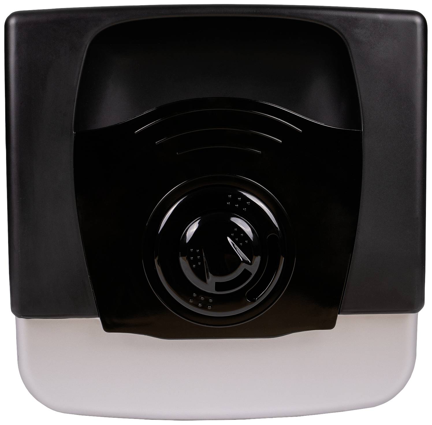 Automatický dávkovač mýdla v černém plastovém pouzdře, ideální pro bezkontaktní mytí rukou ve veřejných umývárnách.