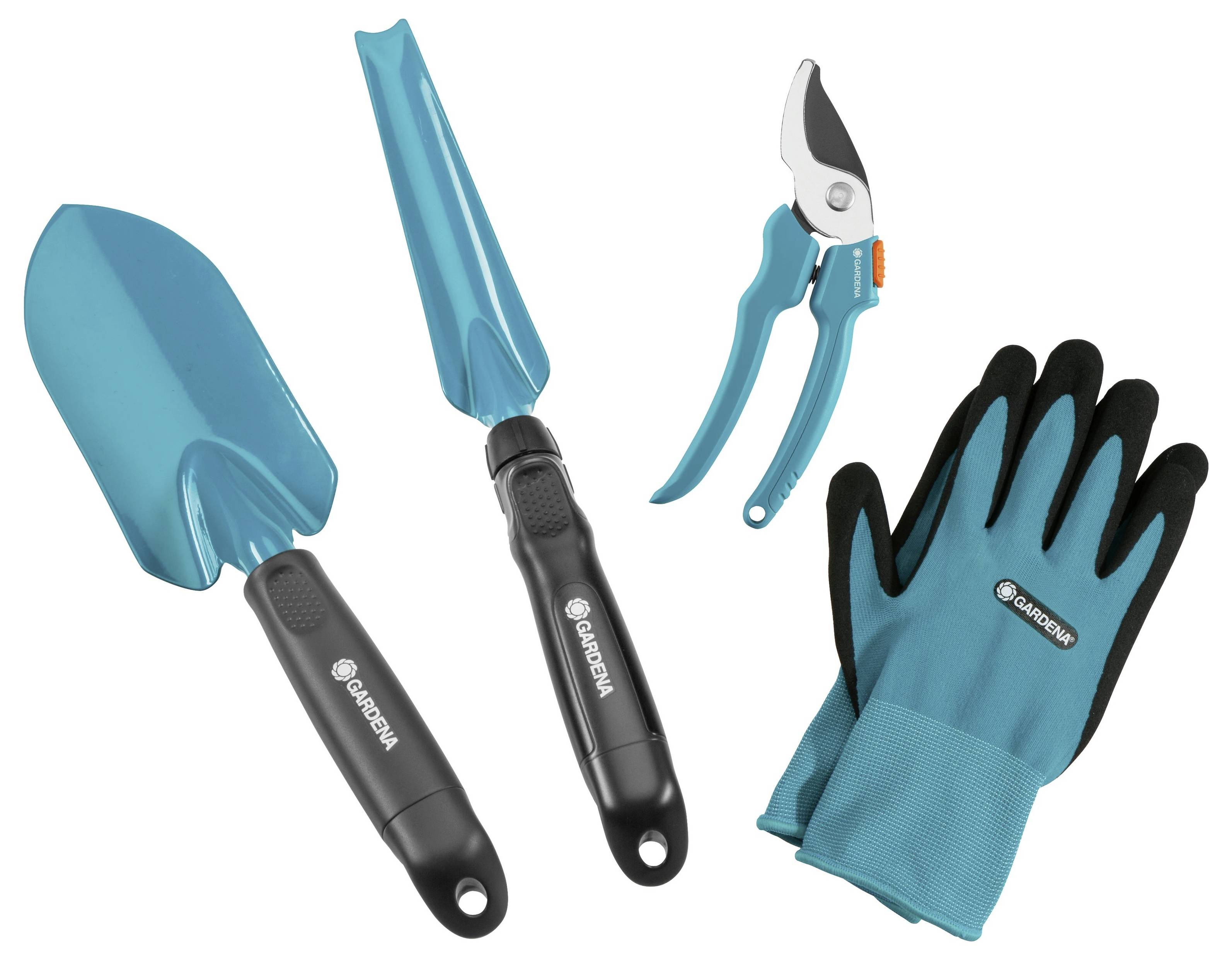 Zahradnické nářadí skládající se z rýče, sázecího kolíku, zahradnických nůžek a rukavic. Ideální pro zahradní práce a péči o rostliny.