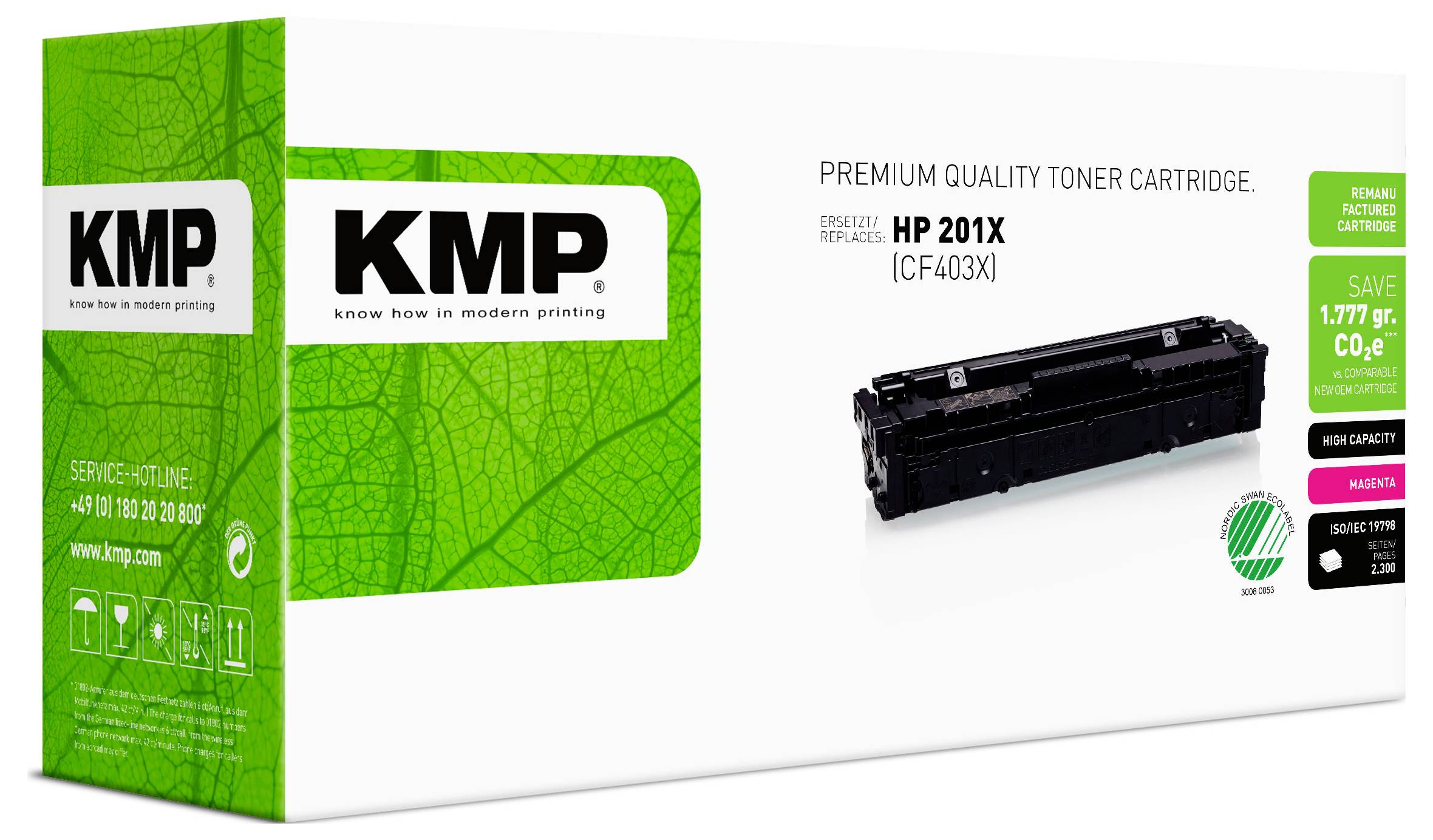 KMP prémiová kvalitativní tonerová kazeta v balení pro HP 201X (CF403X), zobrazena s černou tonerovou kazetou na krabici.