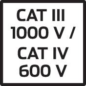 'CAT III' a 'CAT IV 600 V', text na černém pozadí.
