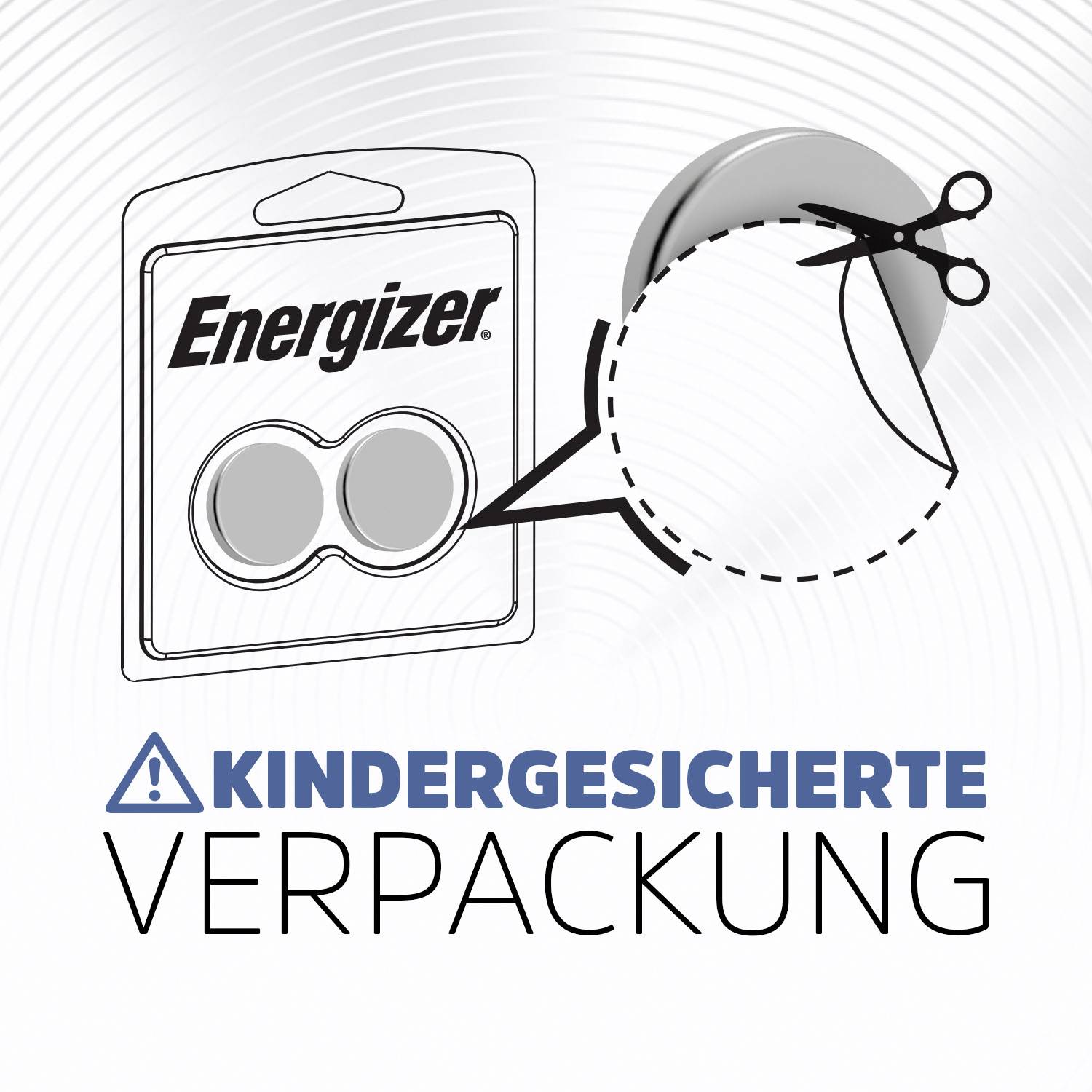 Diagram znázorňuje dětsky bezpečný obal baterií Energizer. Nůžky se pohybují podél linky k otevření.