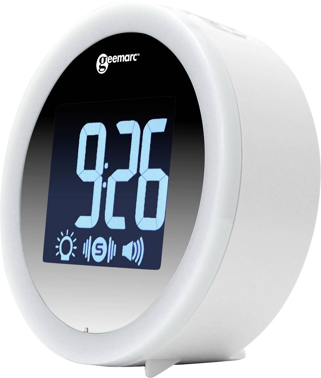Digitální budík s modrým LED displejem ukazuje čas 9:26. Pod displejem jsou symboly pro alarm, světlo, odložení buzení a hlasitost.