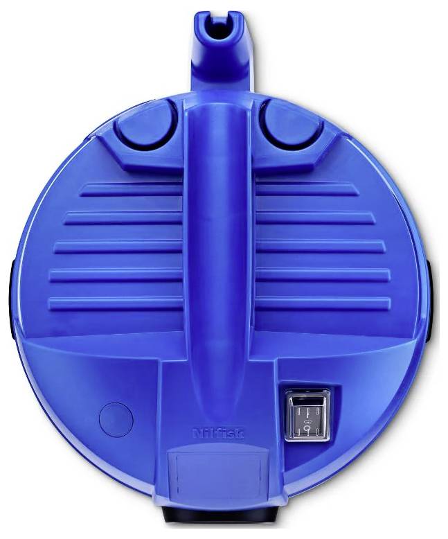 Modrý, kulatý vysavač pohledem shora, s rukojetí, dvěma tlačítky, ventilačními otvory a hlavním vypínačem.