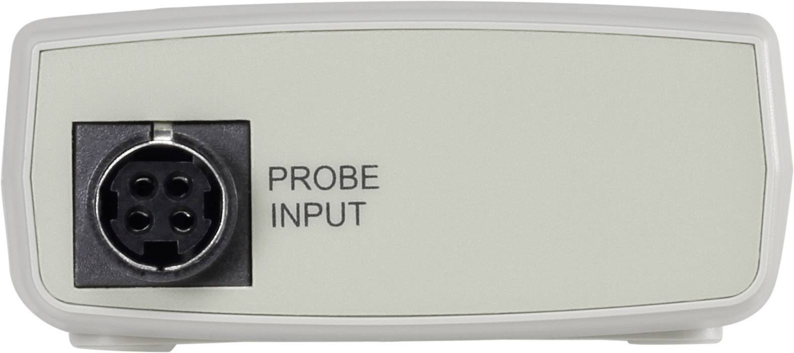 Přední strana elektrického zařízení s nápisem 'PROBE INPUT' a kulatou zásuvkou na levé straně.