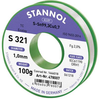 Cívka pájky značky Stannol. Označená štítkem 'S 321', '1,0mm', hmotnost '100g' a 'MADE IN GERMANY'.