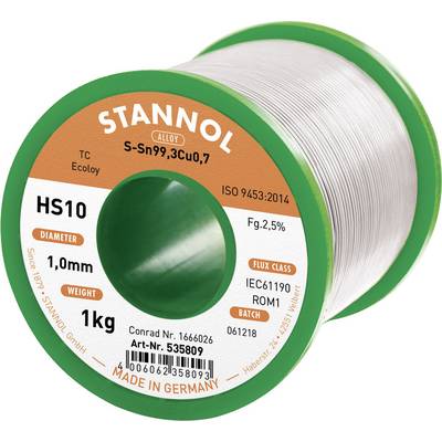 Pájecí drát Stannol o průměru 1,0 mm a hmotnosti 1 kg. Slitina S-Sn99,3Cu0,7 pro pájení. Vyrobeno v Německu.