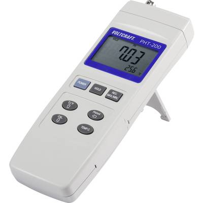 Přístroj Voltcraft PHT-200 s displejem, zobrazuje pH hodnotu 0,03, teplotu 25,6 °C. Tlačítka: POWER, HOLD, CAL. Přenosný digitální měřicí přístroj.