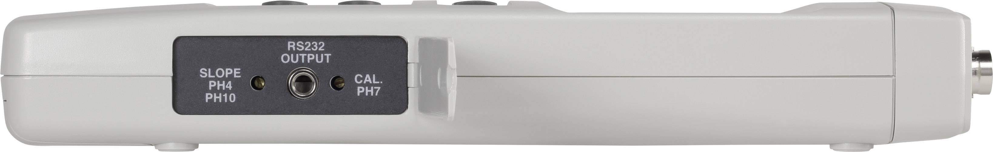Zadní strana elektrického zařízení s výstupním konektorem RS-232 a popiskami "SLOPE PIN: PH10" a "CAL PIN".