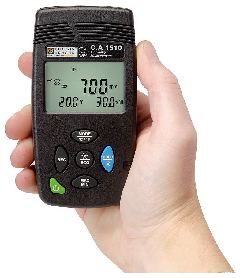Jedna ruka drží přenosný měřič CO2, který ukazuje hodnotu "700 ppm" spolu s teplotou "20°C" a relativní vlhkostí "30% RH".