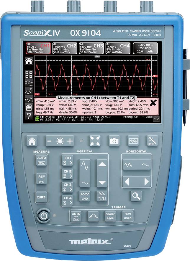 Modré osciloskop zobrazuje průběh vlny na obrazovce s několika ovládacími tlačítky a indikátory měřených hodnot na přední straně.