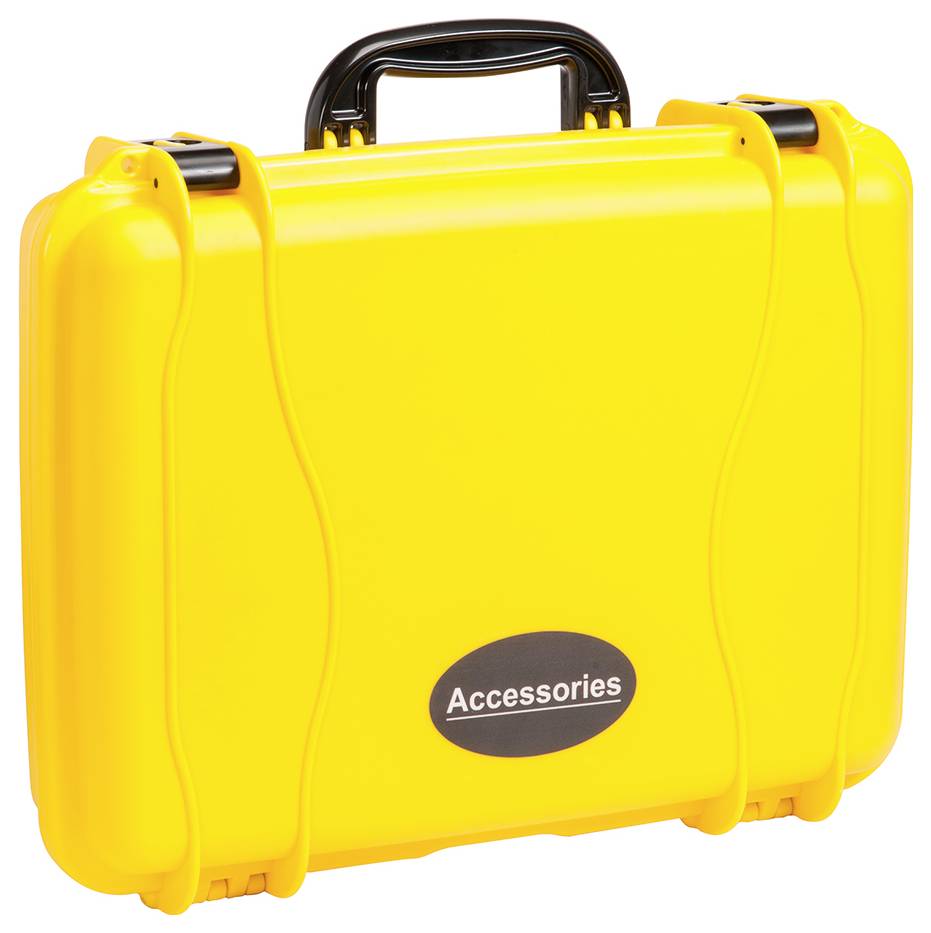 Žlutý stabilní kufřík s černou rukojetí a nápisem 'Accessories'. Bez rozpoznatelného obsahu.
