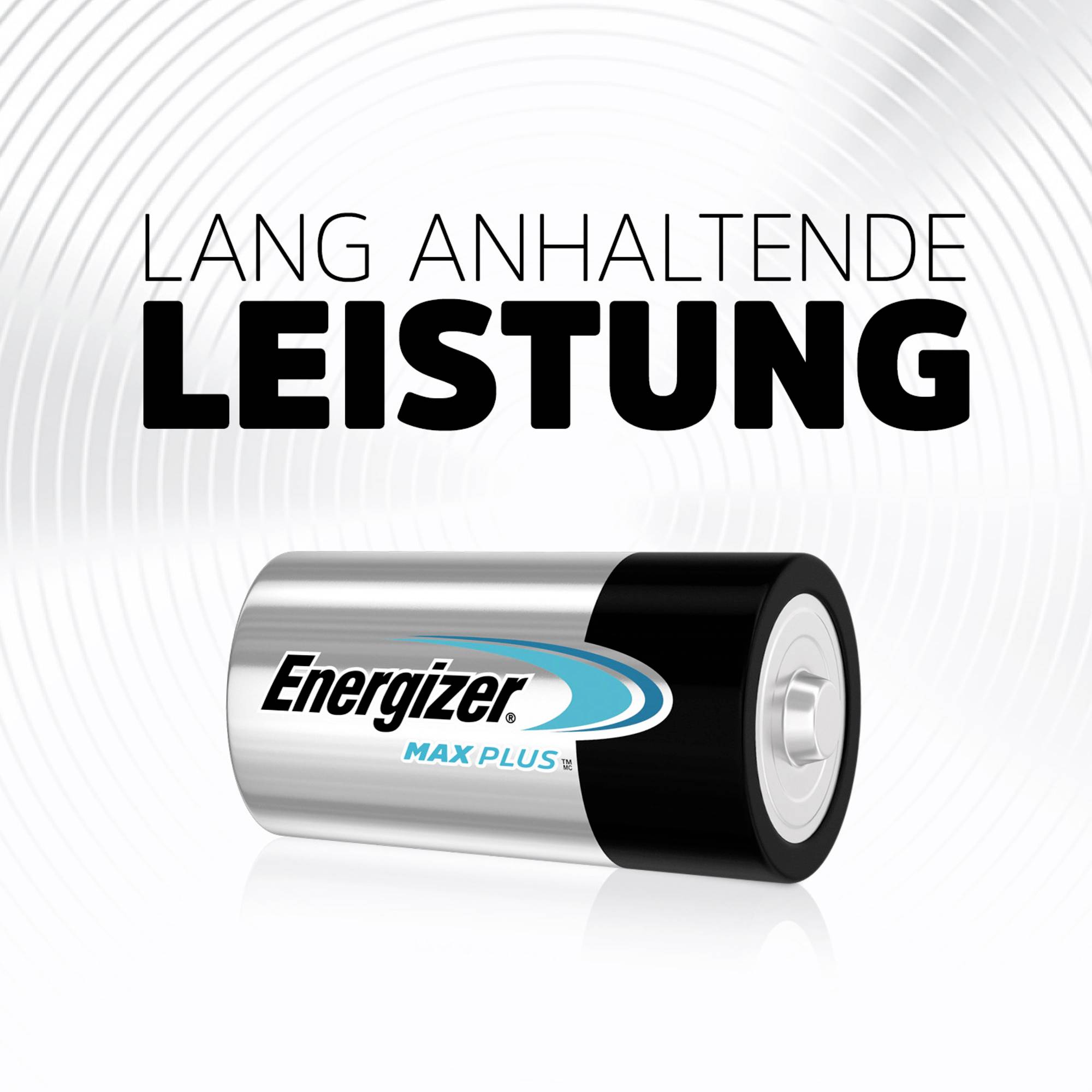 'Dlouhotrvající výkon' nad baterií Energizer s označením 'Energizer Max Plus' na pozadí s vlnitými liniemi.