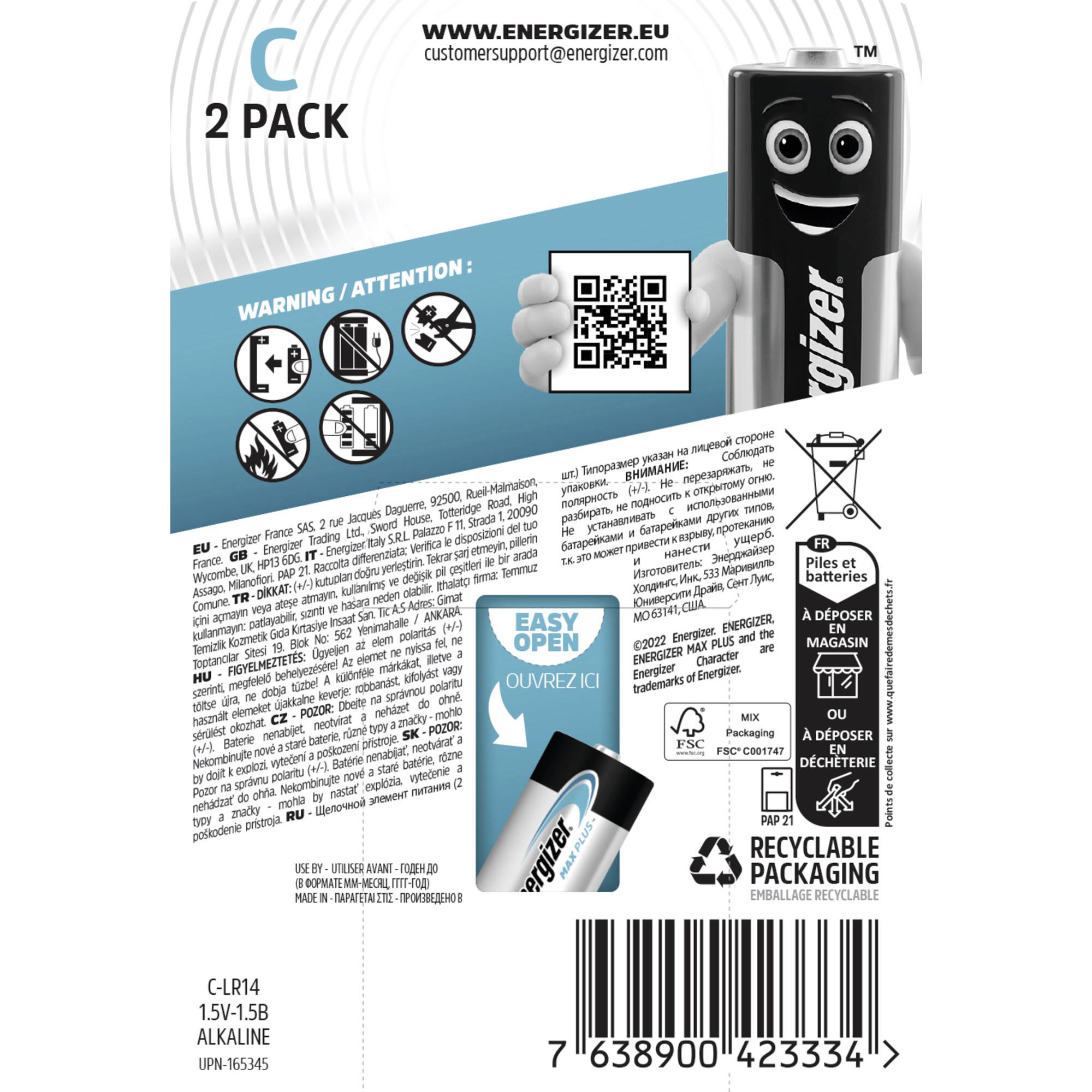 Obal baterie s grafikami a symboly. Obsahuje výstražné upozornění, maskota Energizer, QR kód a informace o recyklaci.