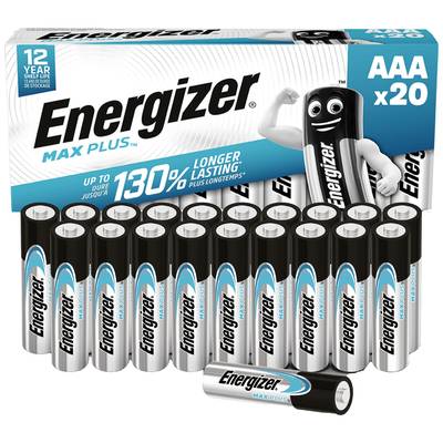 Baterie Energizer Max Plus AAA, balení po 20 kusech, s reklamou na 130% delší výdrž. Produktové balení a nastohované baterie jsou viditelné.