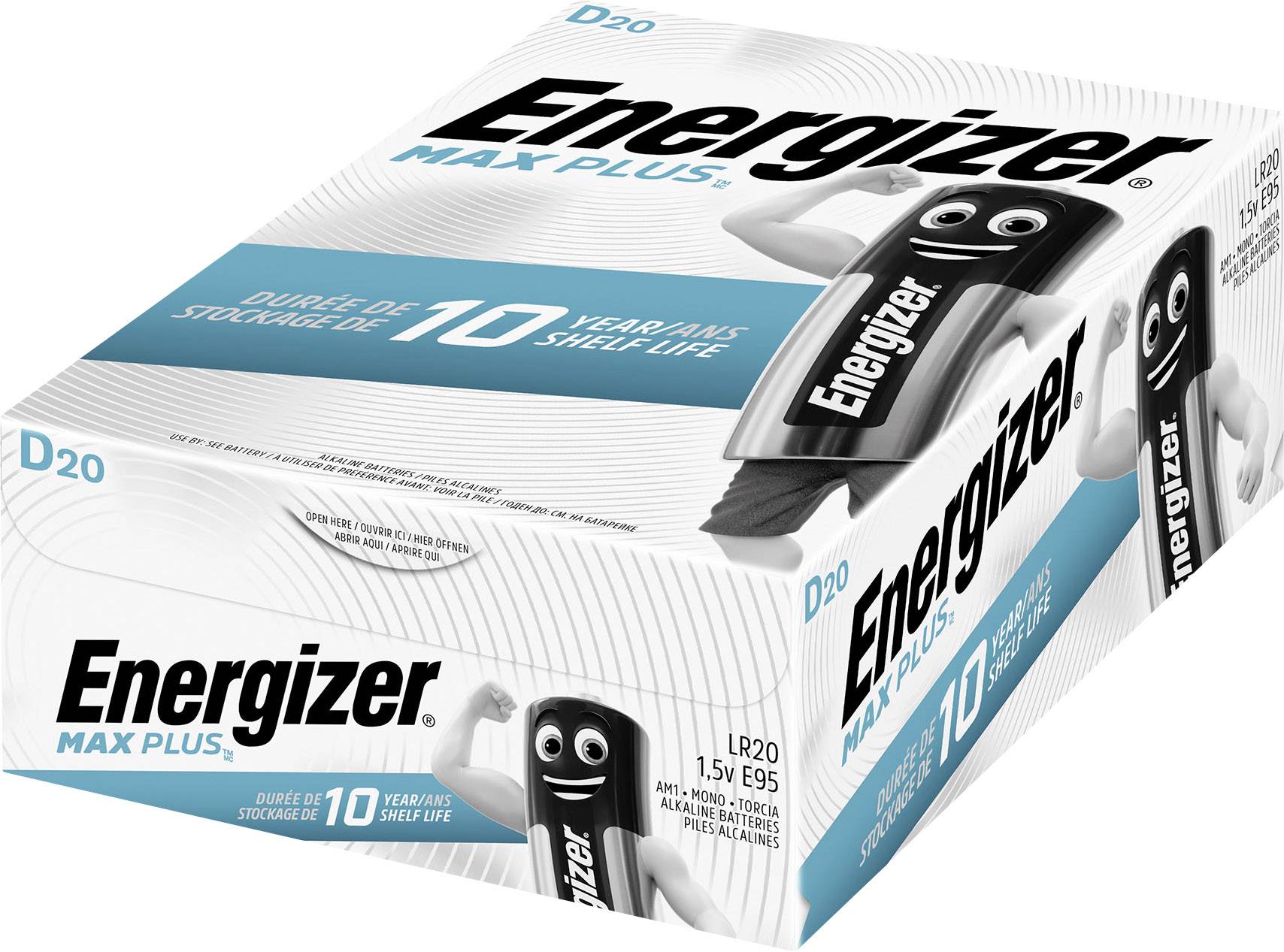 Na obrázku je vidět balení baterií Energizer Max Plus, které slibuje dlouhou životnost až 10 let.