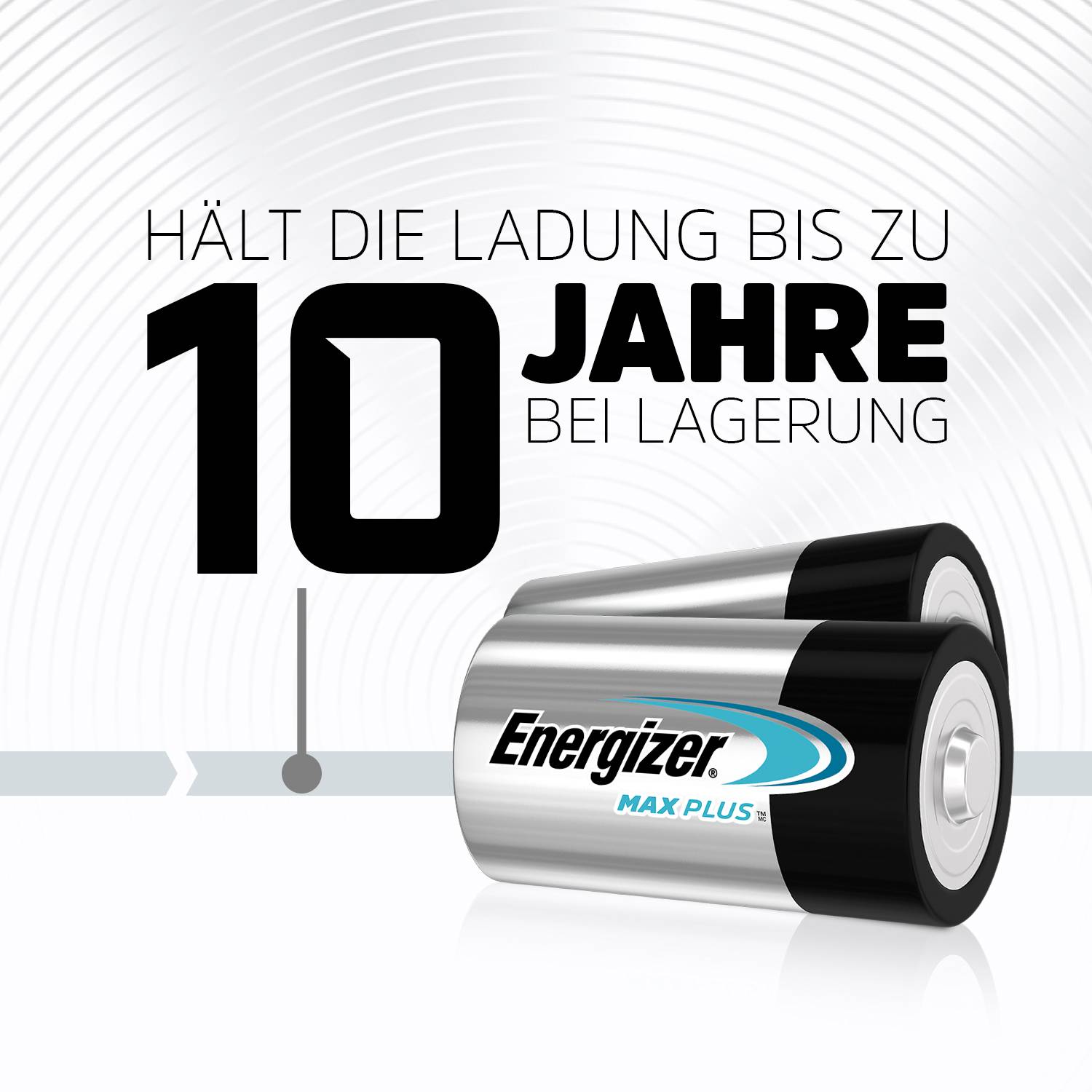 Baterie s textem: "Udrží nabití až 10 let při uskladnění". Logo Energizer viditelné. Grafické znázornění bateriového produktu.