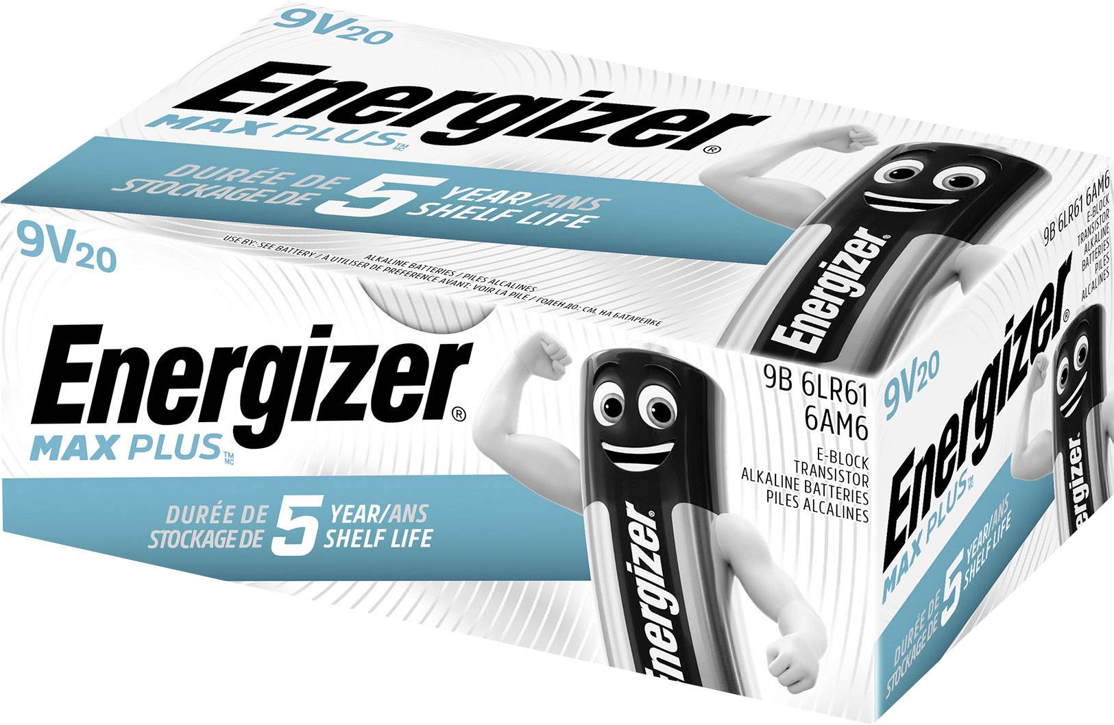 Balení baterií Energizer Max Plus 9V s nápisem '5 let výdrže' a obrázkem usměvavé baterie.