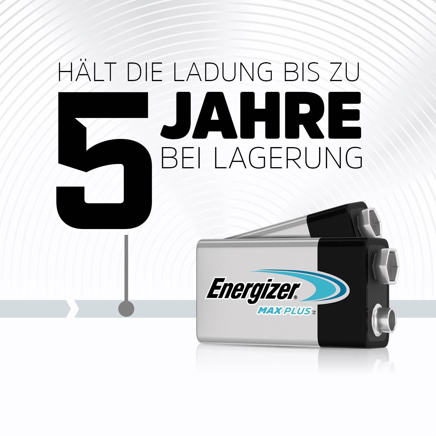 Baterie Energizer si uchovává náboj až po dobu 5 let při skladování. Obrázek baterie s logem Energizer.