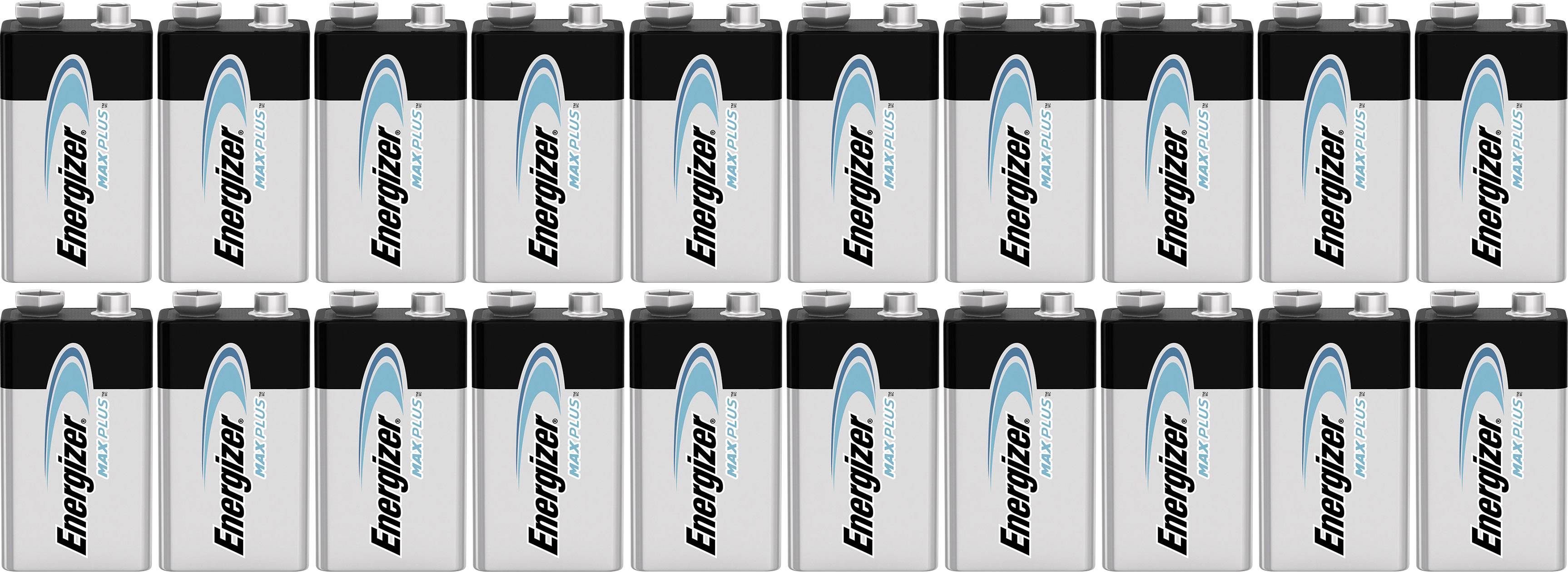 Patnáct vedle sebe stojících 9V baterií značky Energizer s šedými a modrými nálepkami na předních stranách.