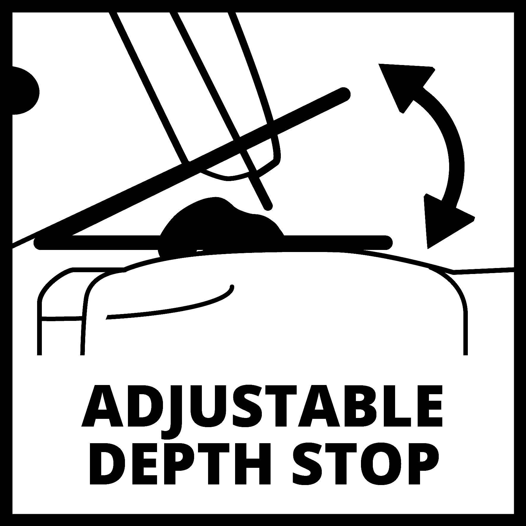 Nastavitelný hloubkový doraz je zobrazen diagramem, který znázorňuje mechanismus s šipkami pro výškové nastavení.