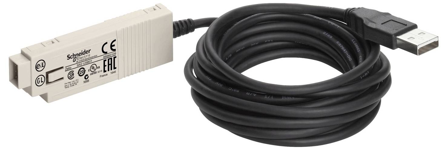 USB adaptérový kabel s béžovým modulem rozhraní Schneider Electric a svité­ným černým USB vodičem, zobrazený na bílém pozadí.