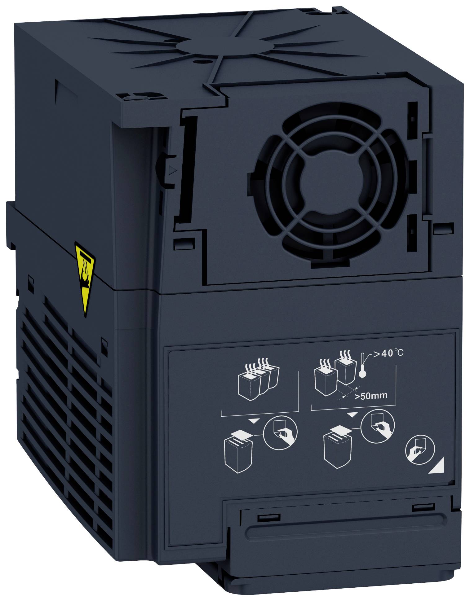 Černé technické zařízení s ventilátorem a výstražným symbolem. Pokyny k instalaci a provozní podmínky jsou uvedeny na předním panelu.