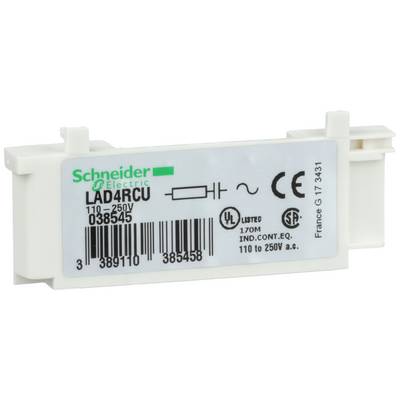 'Označená součástka od Schneider Electric pro 110-250V, model LAD4RCU, s čárovým kódem a technickými symboly.'