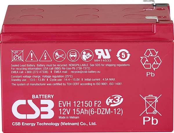 CSB Battery EVH 12150 EVH12150X3 olověný akumulátor 12 V 15 Ah olověný se skelným rounem (š x v x h) 151 x 102 x 98 mm plochý konektor 6,35 mm odolné proti více cyklům, bezúdržbové, nepatrné vybíjení