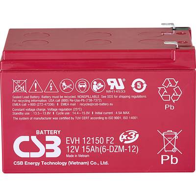 Červená bateriová cela CSB EVH 12150 F2, 12V 15Ah. Vytištěny pokyny k likvidaci, recyklační symboly, kontaktní informace.
