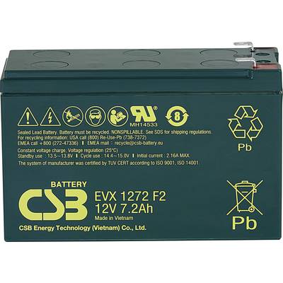 Olověný akumulátor EVX 1272 F2, 12V, 7.2Ah. Symboly pro recyklaci a výrobní poznámky na povrchu. Barevně řešený v zelené barvě.