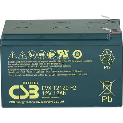 Olověný akumulátor s vytištěnými technickými specifikacemi a symboly. Kapacita: 12V, 12Ah. Výrobce: CSB Energy Technology Vietnam.