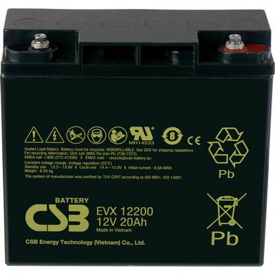 'CSB EVX12200 12V 20Ah akumulátor. Černý s různými certifikačními logy. Vyroben společností CSB Energy Technology, Vietnam. Typ olověný.'
