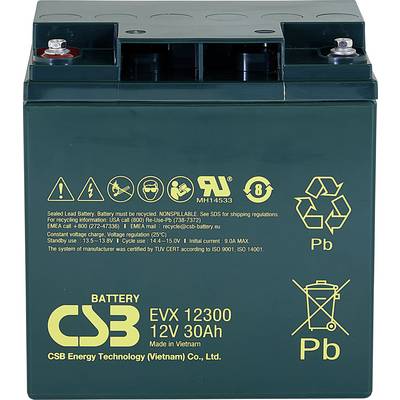 Obdélníkový černý akumulátor modelu 'EVX 12300' od společnosti CSB Energy Technology, 12 voltů, 30 Ah, vyrobený ve Vietnamu.