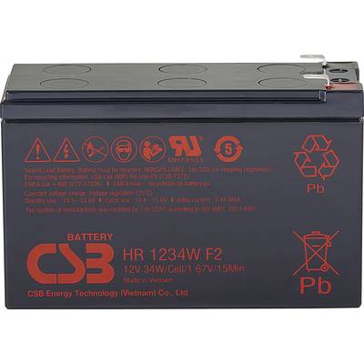 Černá baterie s červenými výstražnými upozorněními a symboly, mimo jiné pro recyklaci. Informace výrobce: CSB Energy Technology Vietnam.