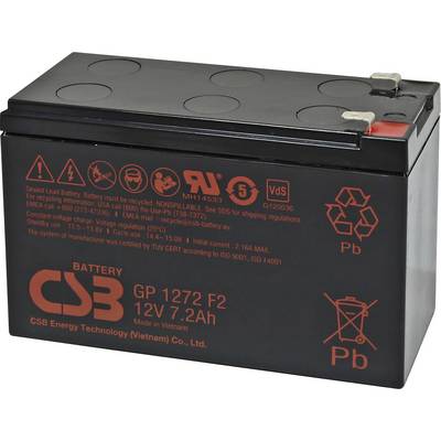 Olověný akumulátor, 12V 7.2Ah od CSB Battery, běžně používaný v nepřerušitelných zdrojích napájení a nouzovém osvětlení.