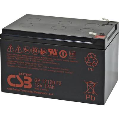 Olověný akumulátor, model GP 12120 F2, 12V 12Ah, značky CSB. Obsahuje symboly pro nedobíjitelnost, olovo a recyklaci. Vyroben ve Vietnamu.