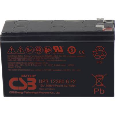 Olověná hermetická baterie s modelem UPS 12360 6 F2. Specifikace: 12V, 360W/Ks/9.6V/5Min, 1,97 kg. Vyrobeno ve Vietnamu společností CSB.