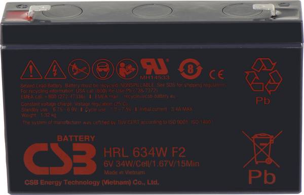 CSB Battery HRL 634W high-rate longlife HRL634W olověný akumulátor 6 V 8.4 Ah olověný se skelným rounem (š x v x h) 151 x 99 x 34 mm plochý konektor 6,35 mm bezúdržbové, nepatrné vybíjení