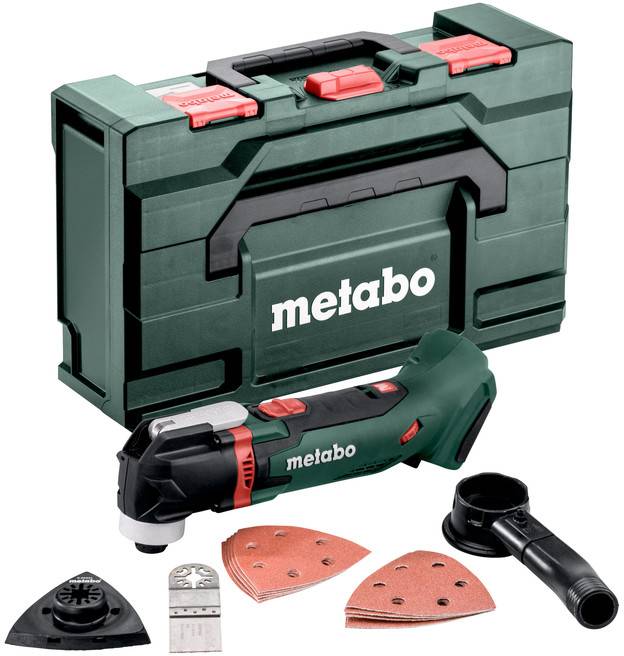 Metabo bezdrátový oscilující multitools se sadou v přepravním kufru, baterie, brusné podložky a příslušenství na bílém pozadí.