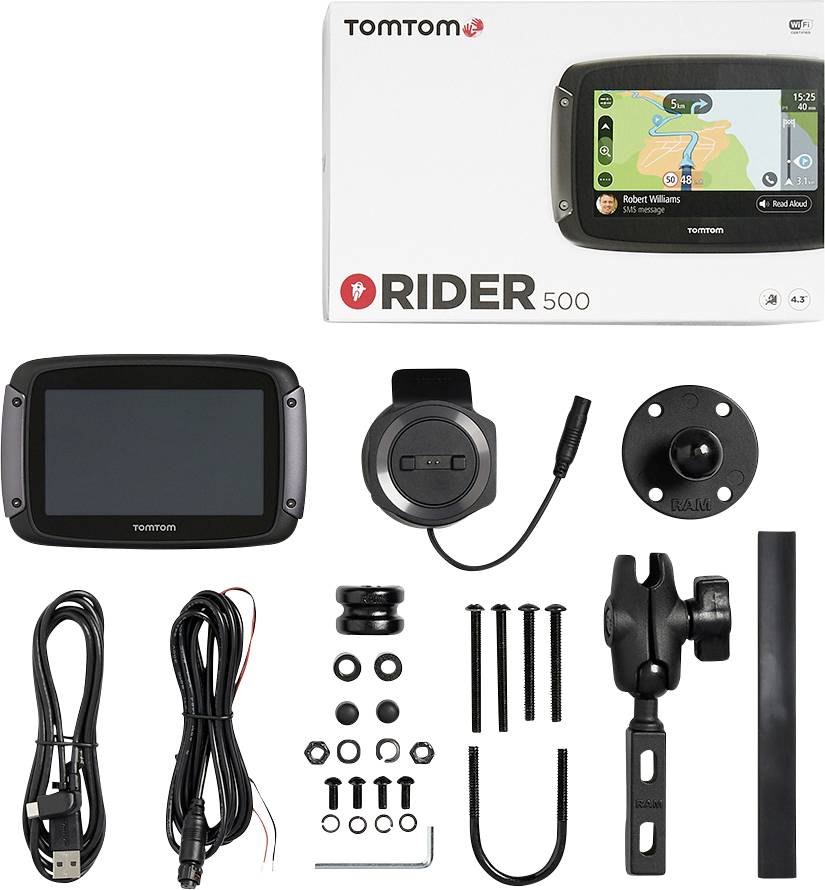 Navigační zařízení TomTom RIDER 500 s příslušenstvím, včetně držáků, kabelů a šroubů. Balení ukazuje zařízení s mapou na obrazovce.