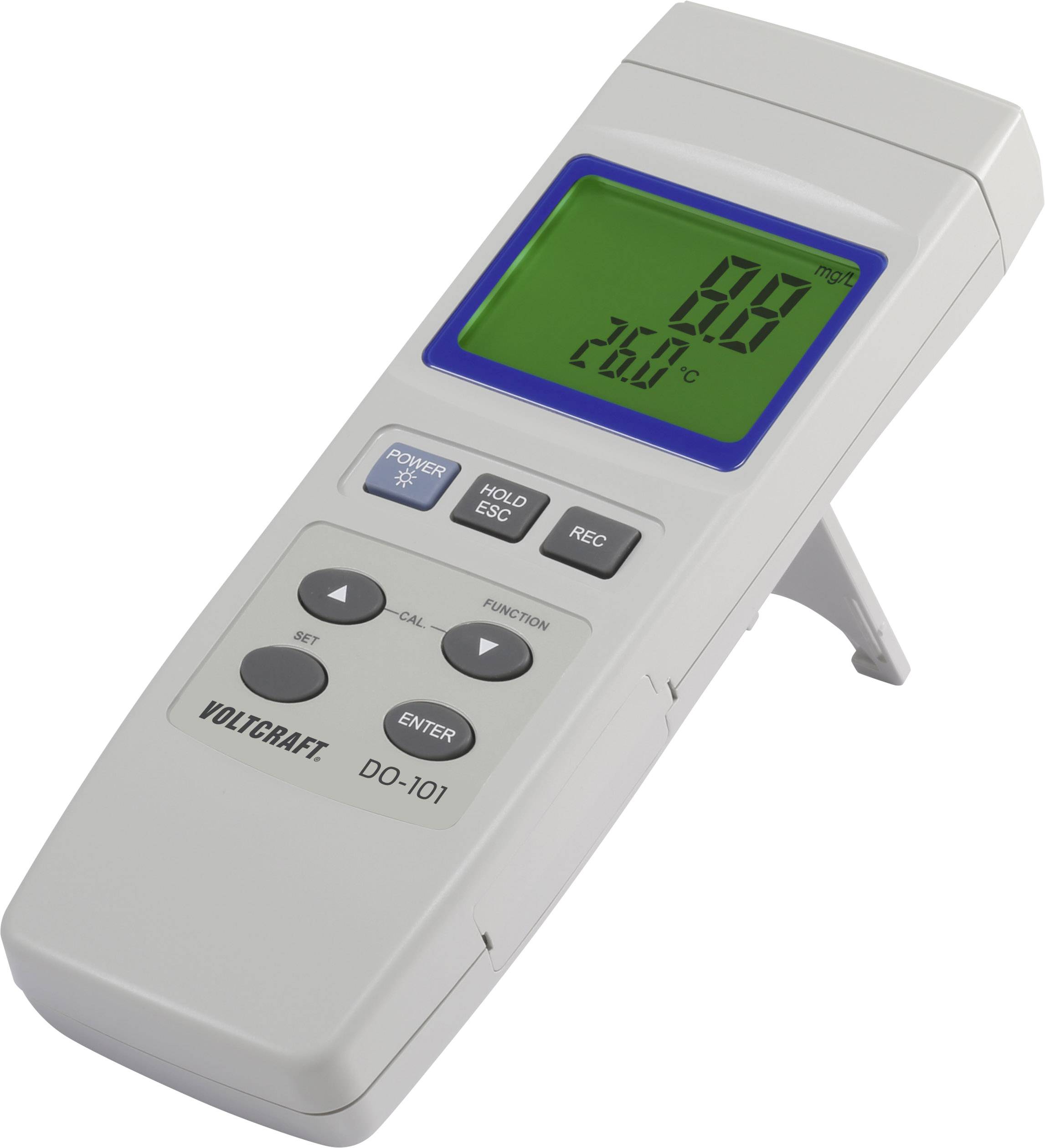 Digitální měřicí přístroj zobrazuje '89' a '22,0°C' na zeleném displeji. Má několik tlačítek: Power, Hold, Rec, Set, Enter.