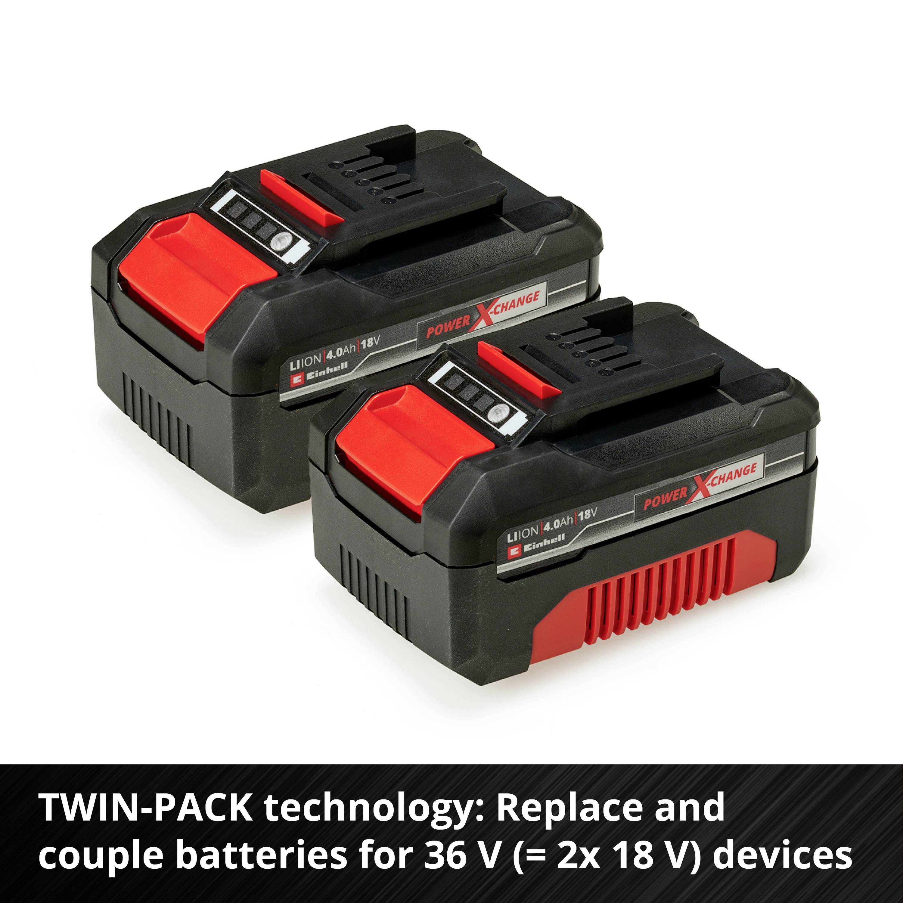 Dva černé akumulátory s červeným detailem. Popis vysvětluje, že jsou vyměnitelné a propojitelné pomocí technologie TWIN-PACK pro zařízení s 36 V.