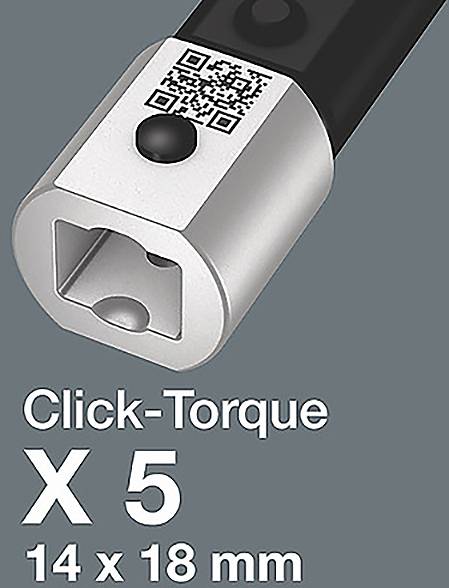 Nástavec momentového klíče označený 'Click-Torque X 5', velikost '14 x 18 mm', zobrazený s QR kódem na kovovém konci.