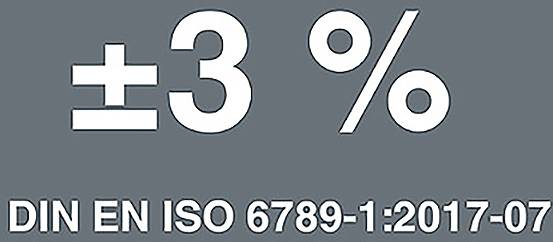 Obrázek zobrazuje text '±3%' a 'DIN EN ISO 6789-1:2017-07', což označuje specifikační standard s toleranční úrovní ±3%.