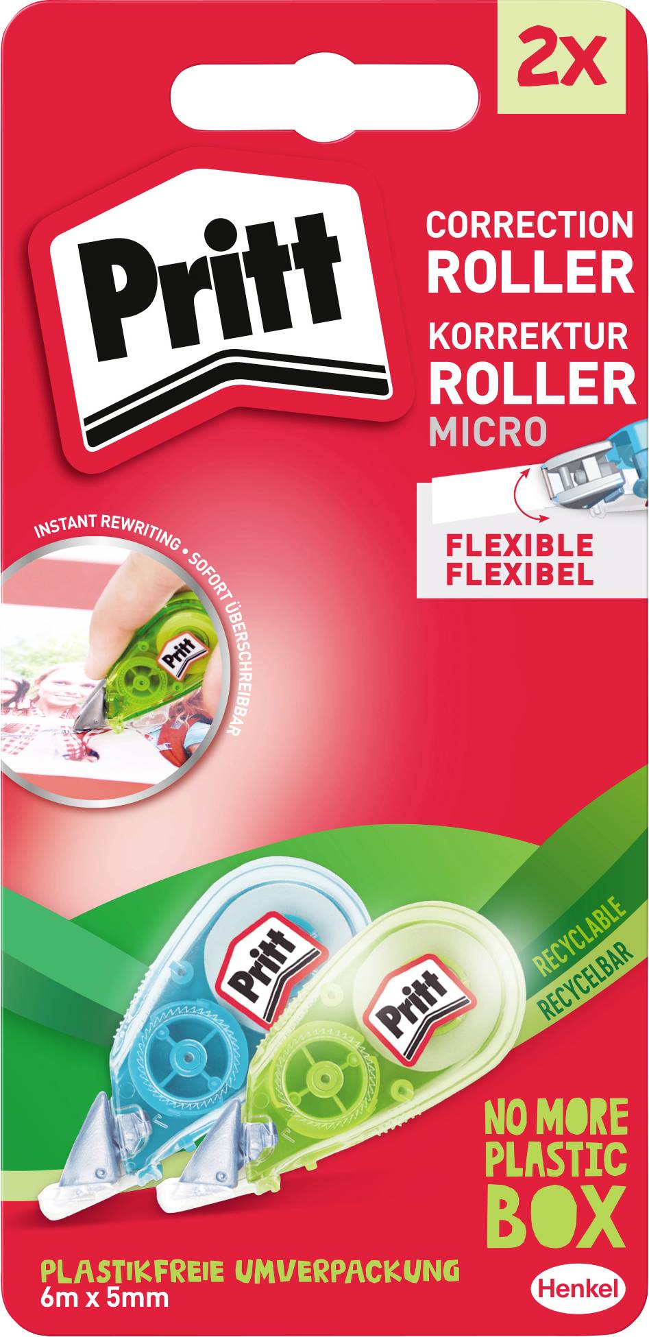 Korekční roller Pritt zobrazující dva válečky a zvýrazňující 'Okamžité přepisování', 'Flexibilní', 'Recyklovatelné', 'Žádný plastový obal navíc'