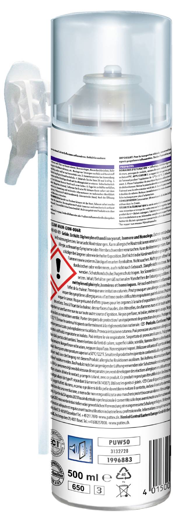 Vysoká lahvička s rozprašovačem s průhledným víkem a bočním tryskovým hubicím, označená PUW50 a 500 ml, zobrazená jako balené čisticí nebo sprejové produktu.