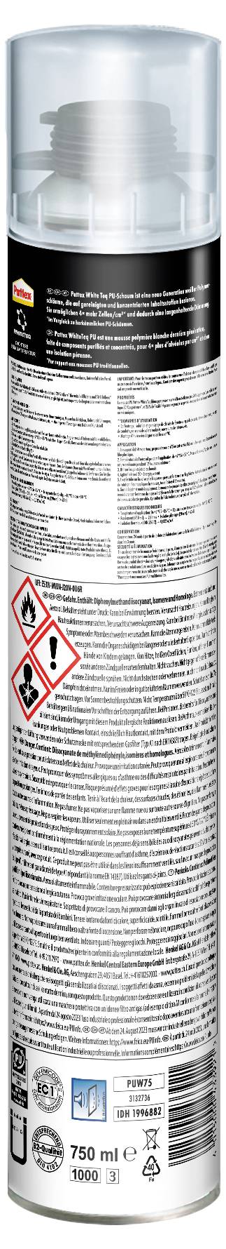 Vysoká sprej s průhledným víčkem, pokrytá hustým textem o produktu a bezpečnosti, symboly nebezpečí a ikony recyklace.
