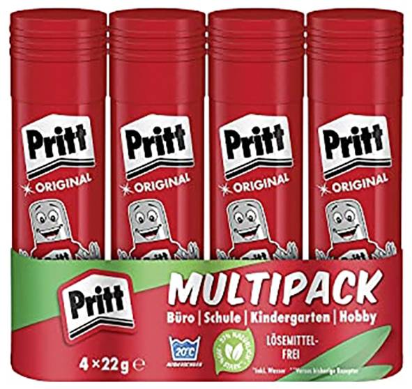 Multipack čtyř lepicích tyčinek Pritt Original, vhodných do kanceláře, školy a pro hobby použití, bez obsahu rozpouštědel, každá o hmotnosti 22g.