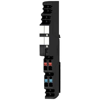 Černý elektronický modul s několika svorkami v černé, bílé, červené a modré barvě, boční pohled.
